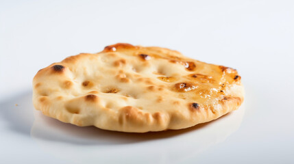Bannock - A type of flatbread, can be fried or baked on cyan saucer with gold edges, high-key lighting, food photography style, white background