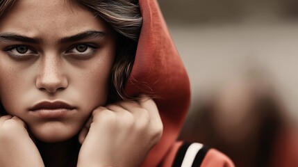 Serious Young Woman in Red Hoodie