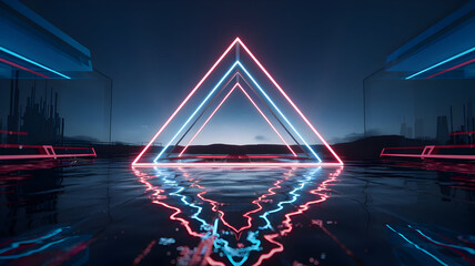Abstract Neon Triangles Reflecting in Water with Futuristic Cityscape Backdrop Creating a Cyberpunk Vibe Suitable for Digital Art