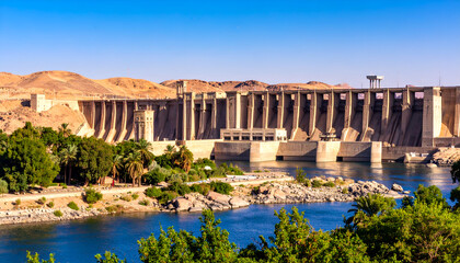 Aswan High Dam with Nile River, and Egypt.
