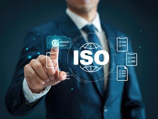 Business professional confirming ISO certification compliance with digital interface, modern concept
