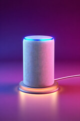 A round smart speaker stands on a glowing base, emitting a blue light ring at its top and casting colorful shadows.