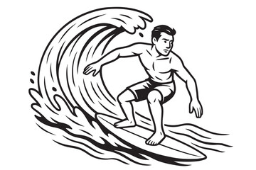 Vector illustration of a man surfing on ocean waves, drawn entirely in black and white style with bold, clean, and clearly defined black outlines.

