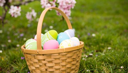 Pastel Easter Eggs in a Wicker Basket on Spring Grass