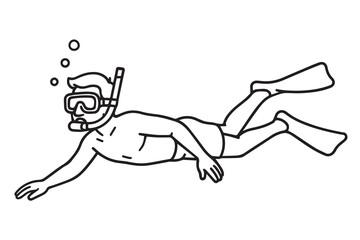 Vector illustration of a man snorkeling underwater in the sea, created in black and white style with bold and clearly defined black outlines.