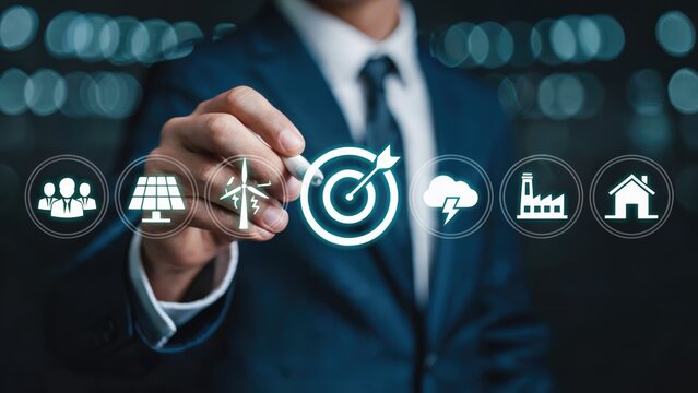 Businessman drawing a target with renewable energy icons for a sustainable future plan - Powered by Adobe