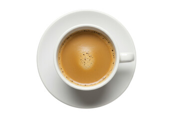 Top view of a cup of coffee with milk on a saucer isolated on transparent background