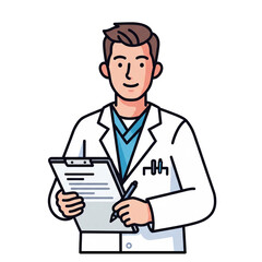 Doctor illustration PNG &mdash; male medical professional in white coat holding a clipboard, transparent background