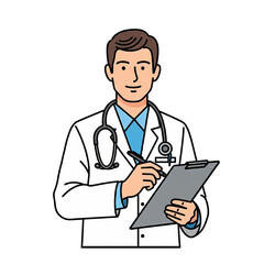 Fototapeta premium Doctor illustration PNG — male medical professional in white coat holding a clipboard, transparent background