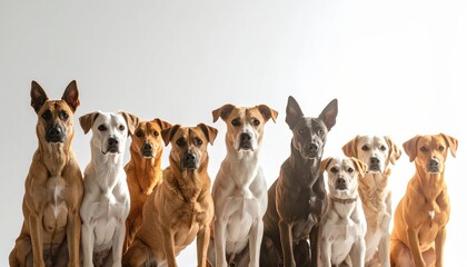 Group of dogs standing in a row on a bright background