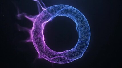 A torusshaped object composed of blue and purple dots with smoky effects emanating from the lower left - Powered by Adobe