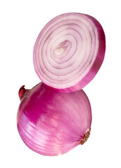Single fresh peeled red or purple Spanish onion bulb with one onion slice in circle in stack is...