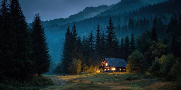 A wooden house deep in the forest near a mountain at night