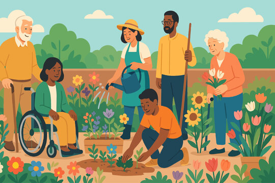 Illustration of a diverse group of people gardening together, including seniors, adults, and children, planting and watering colorful flowers in a community garden.