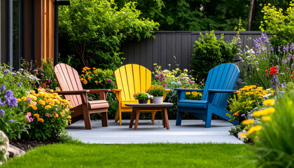 Colorful Adirondack chairs garden patio.