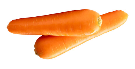 Side view of two fresh orange carrot roots in stack isolated on white background with clipping path