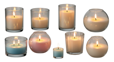 Beautiful wax candles, candles in glass holders isolated on transparent background	
