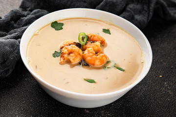 Tom kha soup shrimp, coconut milk, miso paste tasty seafood snack fresh delicious gourmet food...
