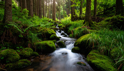 Obraz premium Forest Stream with Mossy Rocks, and Sunlight.