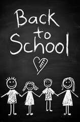 Chalk - drawn &ldquo;Back to School&rdquo; & Stick Figures on Blackboard, School - opening Season Campus Culture & Innocent Education Material