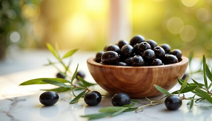 black olives on wooden background © Sunan
