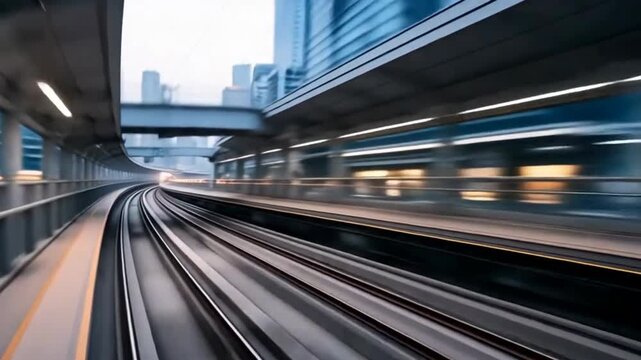 A high-speed train winds through a futuristic cityscape, illuminated by bright lights and towering skyscrapers.