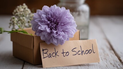 Wooden - Background “Back to School” Card with Purple Flower, School - opening Rustic Feel & Education Material