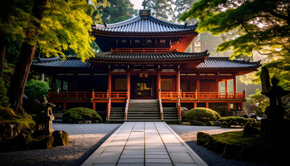 Fototapeta premium Japanese Temple with Sunrise, and Serenity.