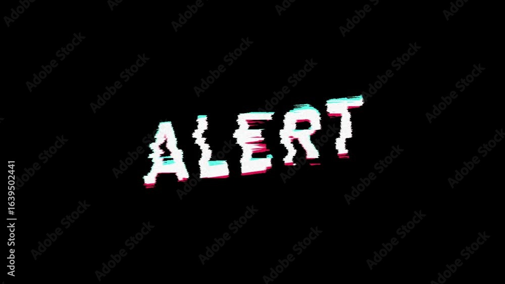 Poster the word alert with a dynamic digital glitch, chromatic aberration, and noise effect, creating a mod