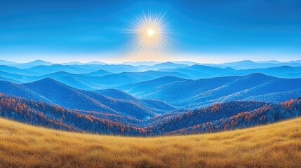 Fototapeta premium Sunlit Layered Mountains & Golden Meadow, Natural Landscape Decoration & Background Material