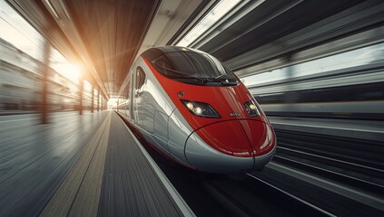 Fototapeta premium High-Speed Train Arriving at a Station with Motion Blur