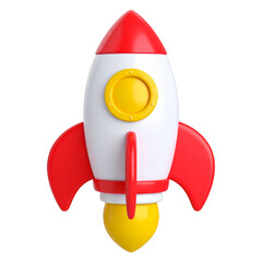 Retro cartoon style rocket ship with red fins and yellow accents isolated on white background