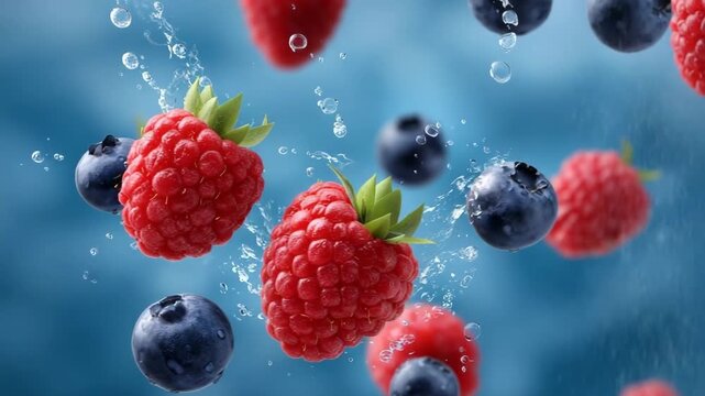 Raspberries and Blueberries in Water, Food Photography, Fresh Environment