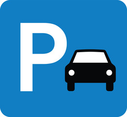 Parking sign icon, blue square, white letter P, black car symbol, traffic, vehicle, public space