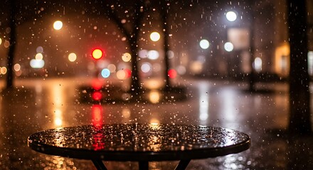 Fototapeta premium Rainy Night Cafe Table: City Lights Reflection