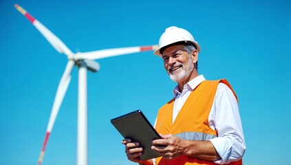 Engineer Inspecting a Wind Turbine Using a Digital Tablet on a Sunny Day