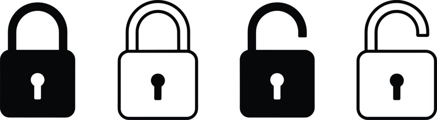 Padlock icons, locked and unlocked, security symbols, access control, black outline, keyhole, vector illustration, privacy