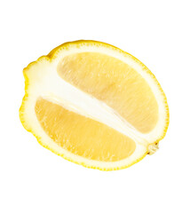Front view of single ripe yellow lemon fruit in slice and ellipse or oval half isolated with...