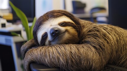 Fototapeta premium A happy sloth sleeping peacefully on a desk in an office.