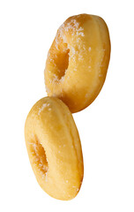 Side view of two brown sugar glazed cinnamon donuts in stack isolated on white background with clipping path