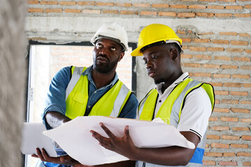 A young male engineer carries structural blueprints and a laptop while inspecting work at the construction site.