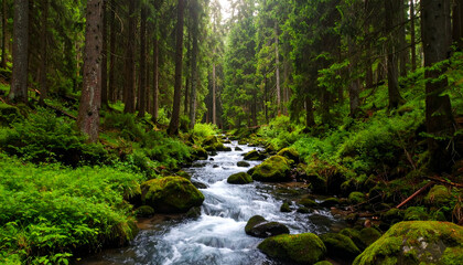 Obraz premium Mountain stream with lush forest.