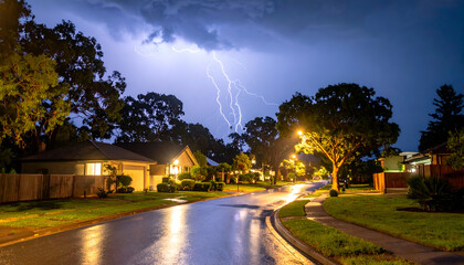 Lightning Storm with Suburban Street at Night.