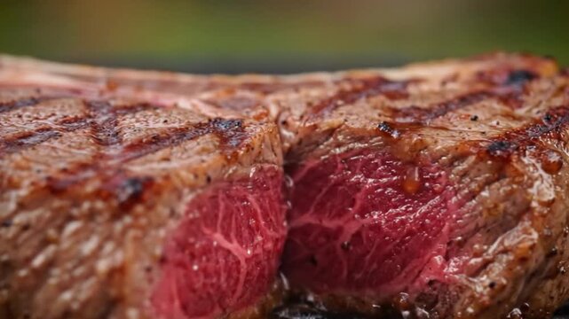 Closeup of a grilled beefsteak revealing a raw red interior section