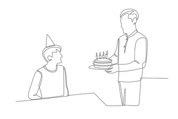 Friends who give surprises on birthdays. Birthday celebrations concept one-line drawing