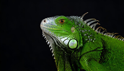 Fototapeta premium Green Iguana Portrait with Black Background. (1)
