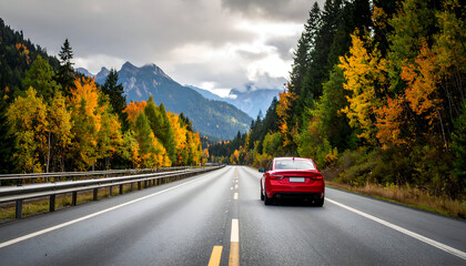 Red car autumn mountain road trip.