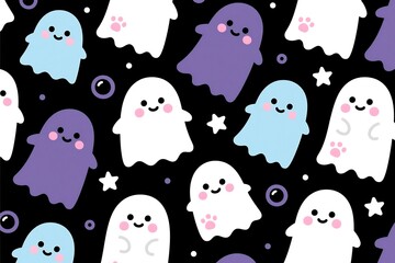 Obraz premium Cute Halloween seamless pattern with cartoon animals and festive decorations