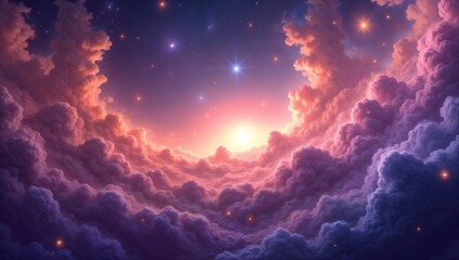 Naklejka premium Celestial Sunrise Over Dreamlike Clouds in a Heavenly Sky