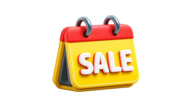 3D calendar icon with highlighted sale date, isolated on transparent background